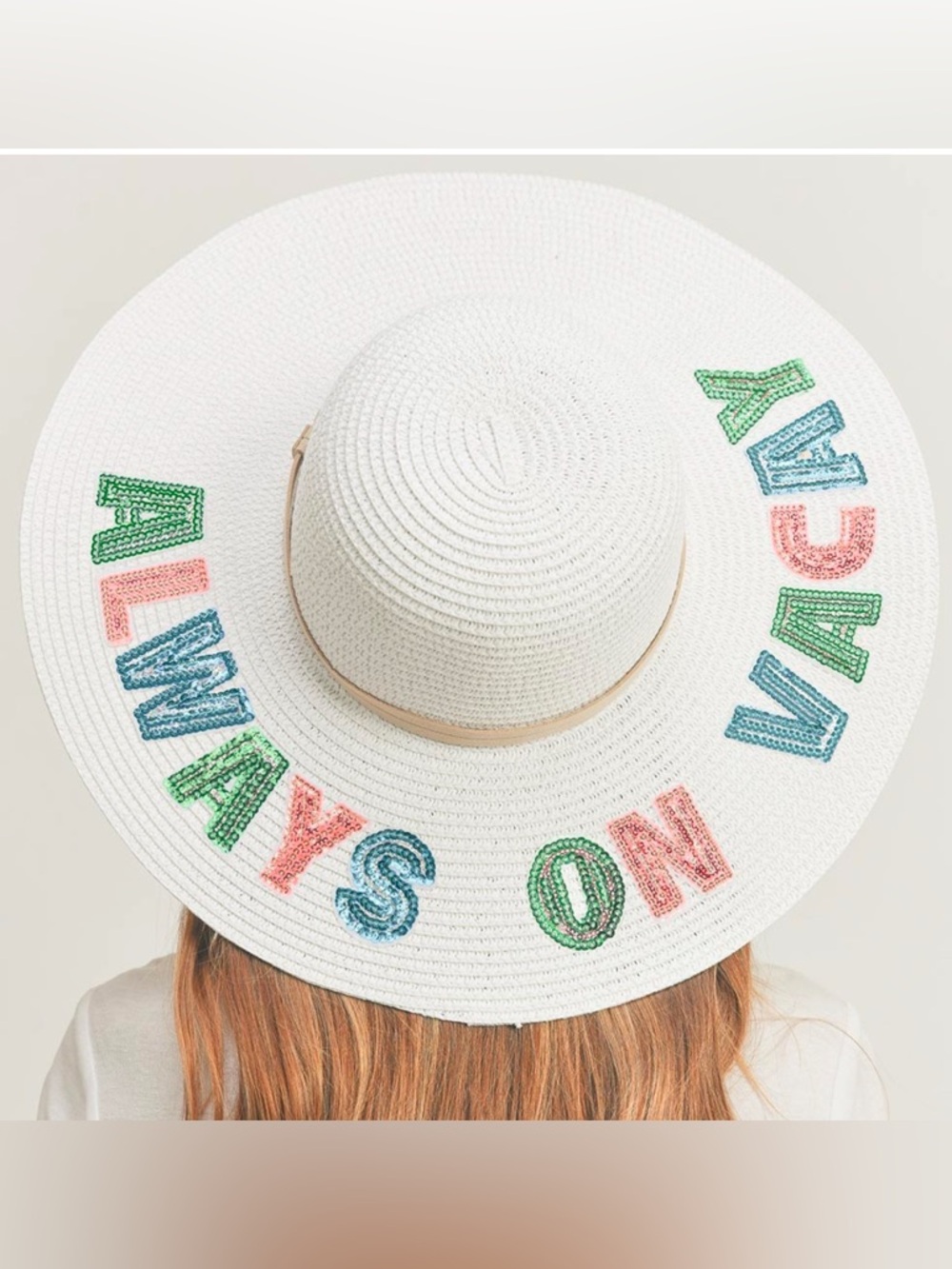 Always On Vacation White Sequin Letter Sun Hat